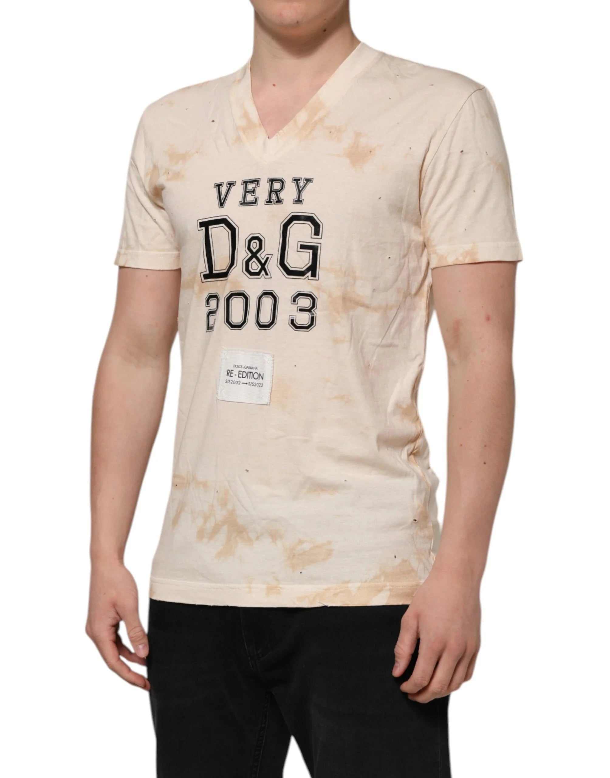 Dolce & Gabbana Beige Logo Print Short Sleeve V-neck T-shirt - IT50 | L - T-Shirts