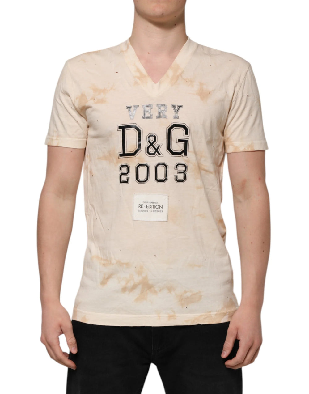 Dolce & Gabbana Beige Logo Print Short Sleeve V-neck T-shirt - IT50 | L - T-Shirts