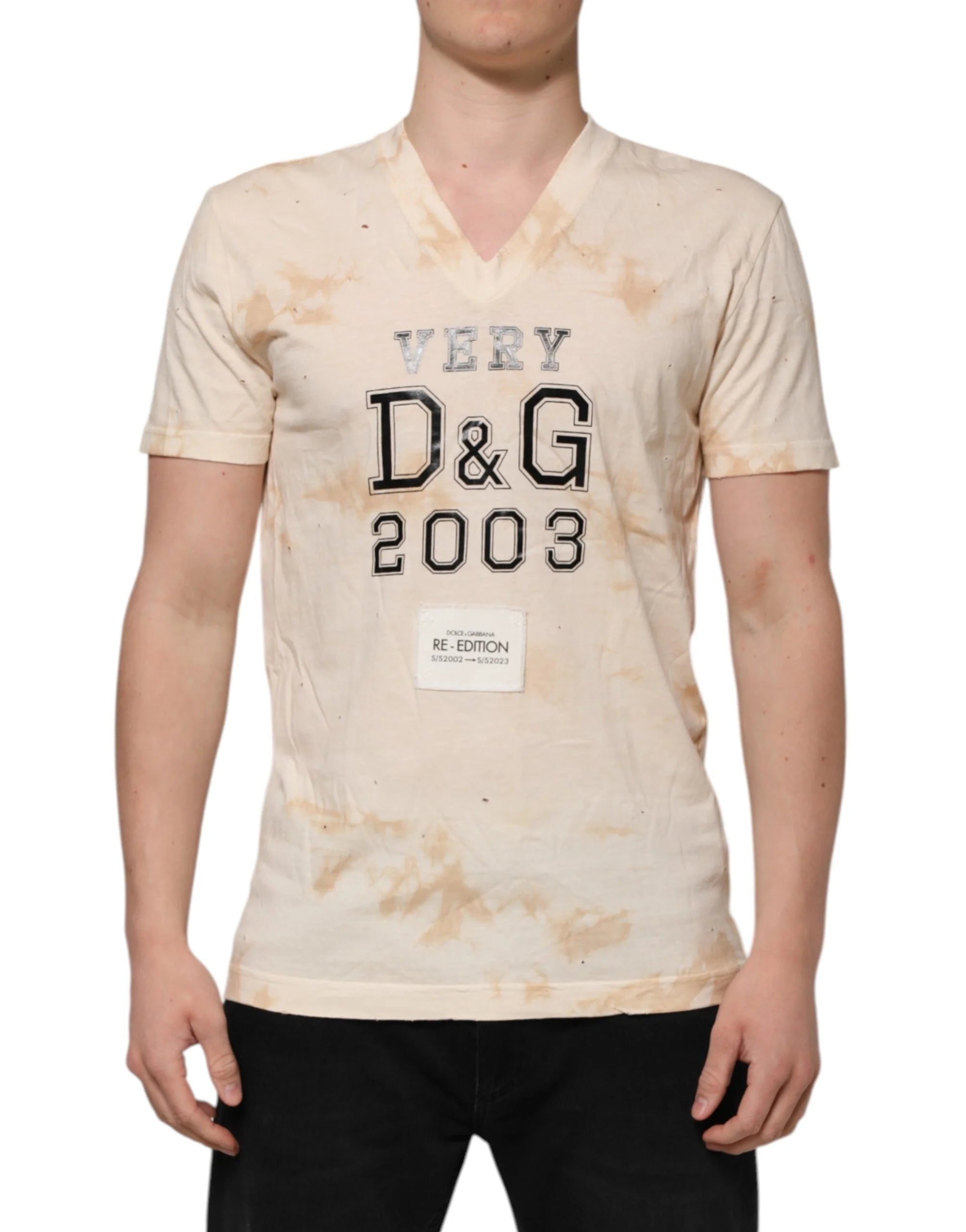 Dolce & Gabbana Beige Logo Print Short Sleeve V-neck T-shirt - IT50 | L - T-Shirts