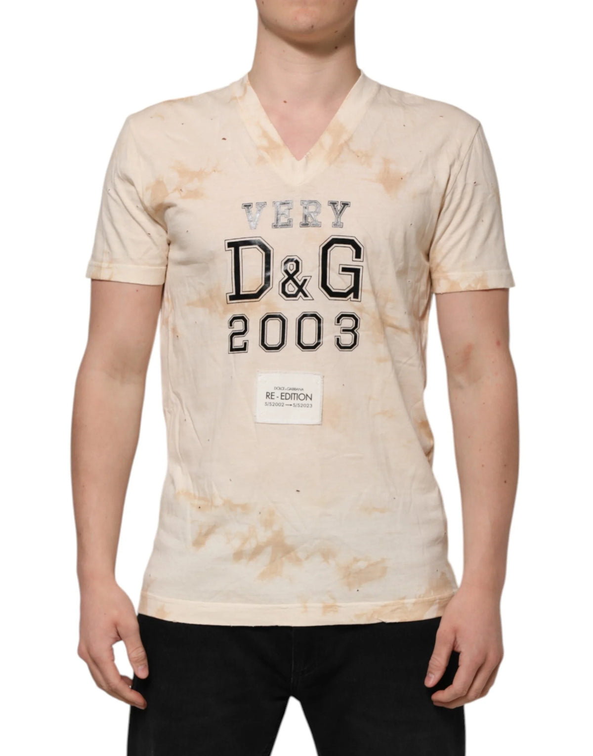 Dolce & Gabbana Beige Logo Print Short Sleeve V-neck T-shirt - IT50 | L - T-Shirts