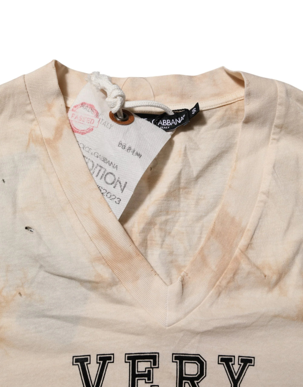 Dolce & Gabbana Beige Logo Print Short Sleeve V-neck T-shirt - IT50 | L - T-Shirts