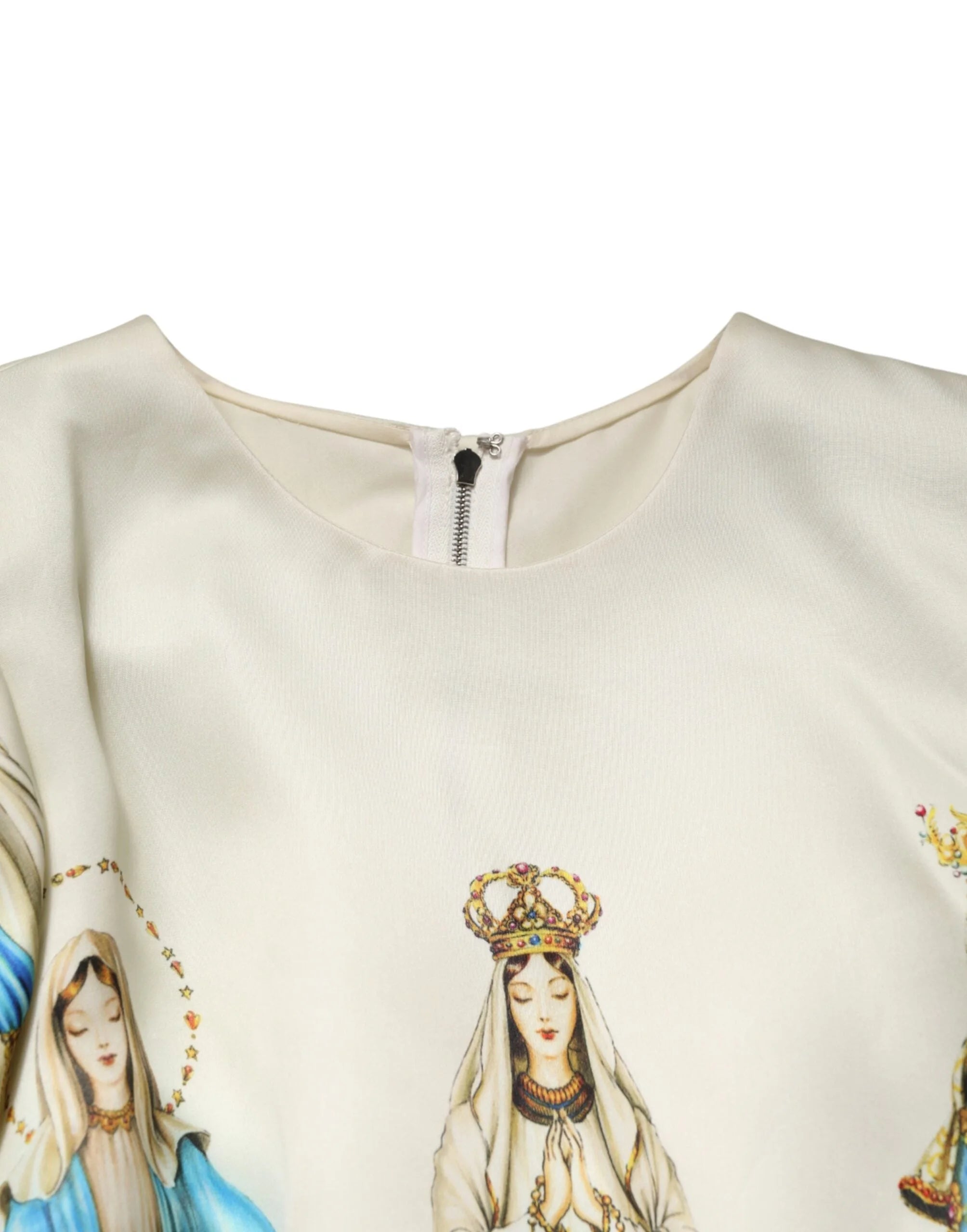 Dolce & Gabbana Beige Madonne Print Silk Short Sleeve Dress - IT36|XXS