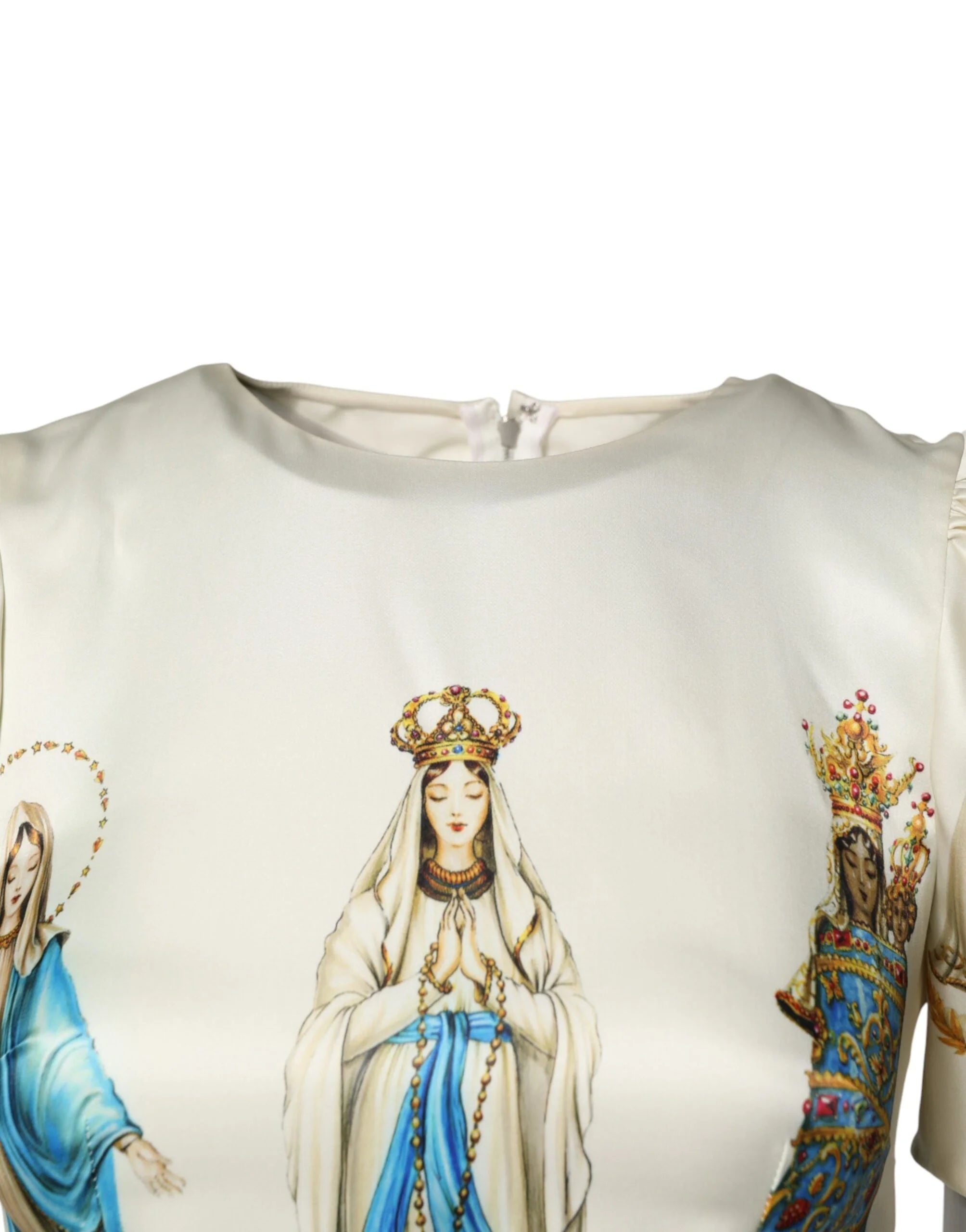 Dolce & Gabbana Beige Madonne Print Silk Short Sleeve Dress - IT36|XXS