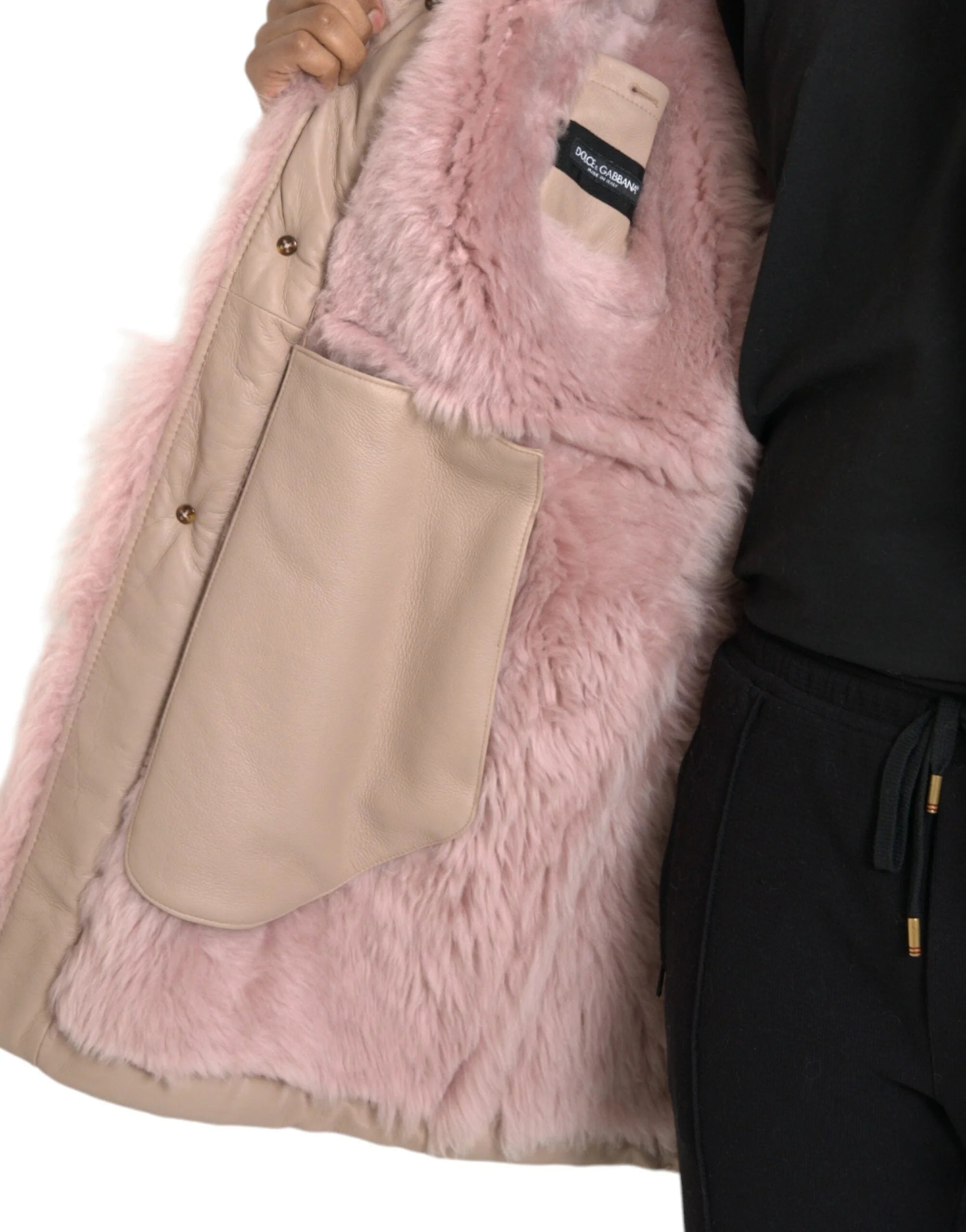 Dolce & Gabbana Beige Pink Lamb Leather Shearling Coat Jacket - IT52 | XL - Overcoats