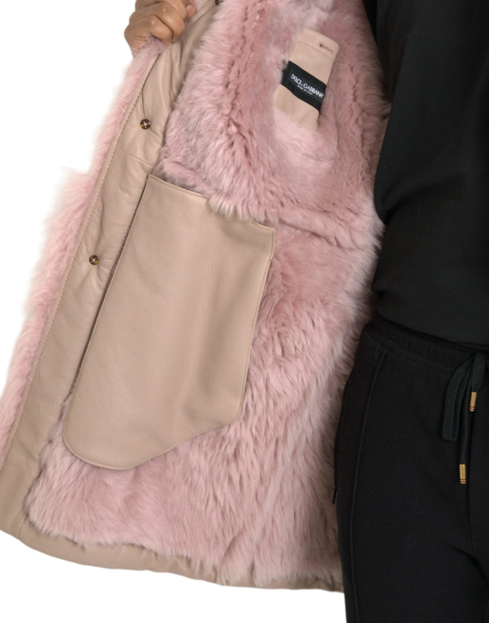 Dolce & Gabbana Beige Pink Lamb Leather Shearling Coat Jacket - IT52 | XL - Overcoats