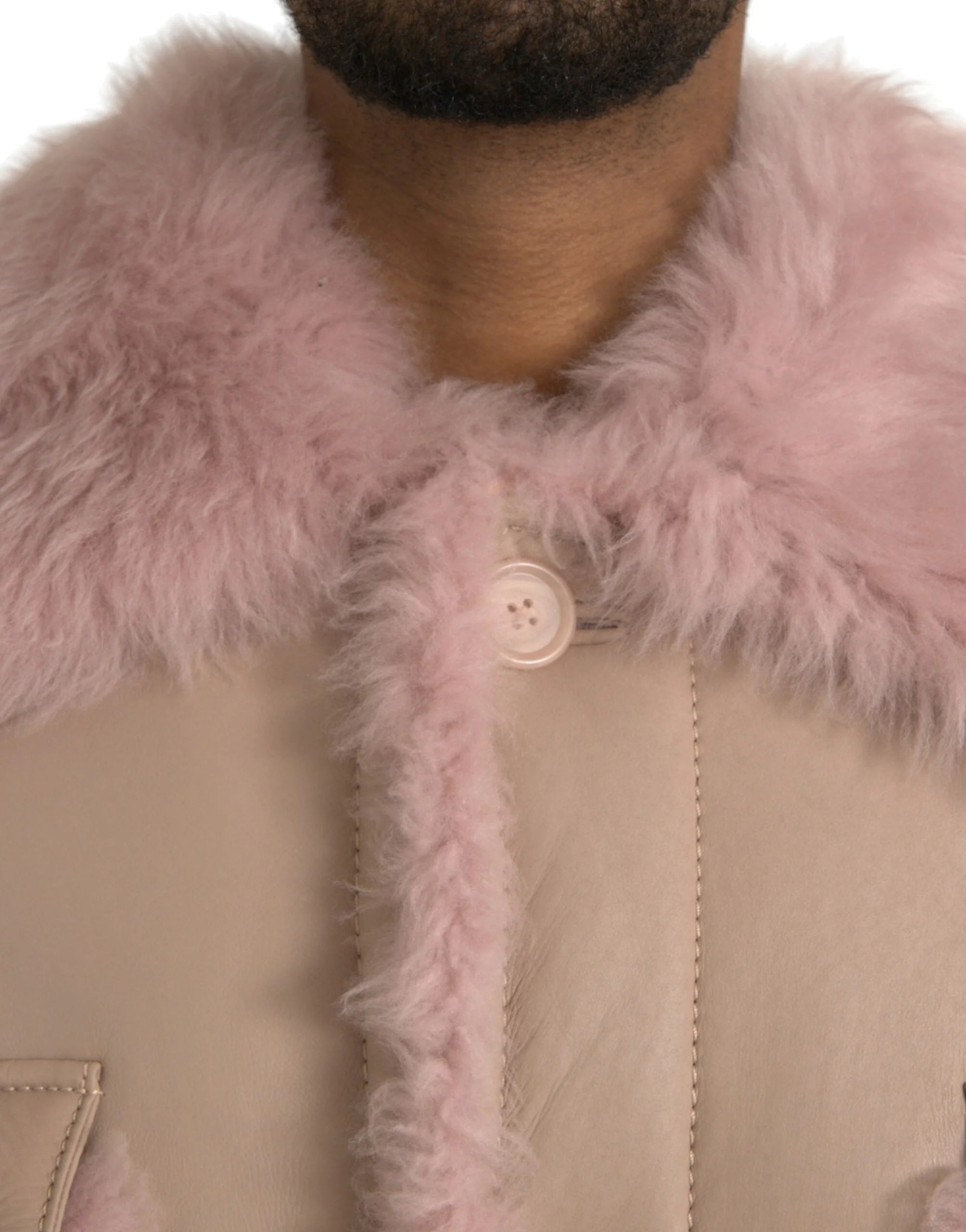 Dolce & Gabbana Beige Pink Lamb Leather Shearling Coat Jacket - IT52 | XL - Overcoats