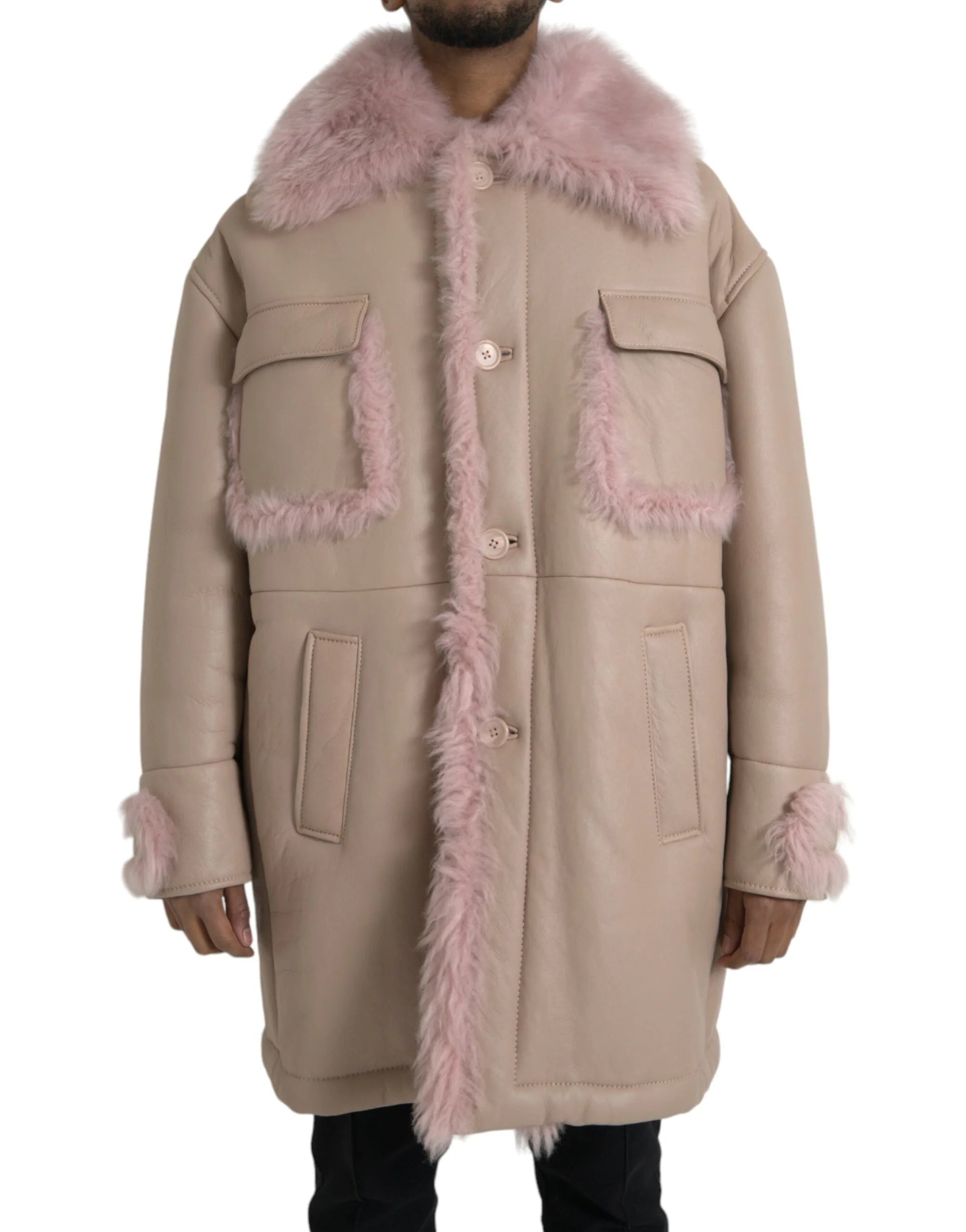 Dolce & Gabbana Beige Pink Lamb Leather Shearling Coat Jacket - IT52 | XL - Overcoats