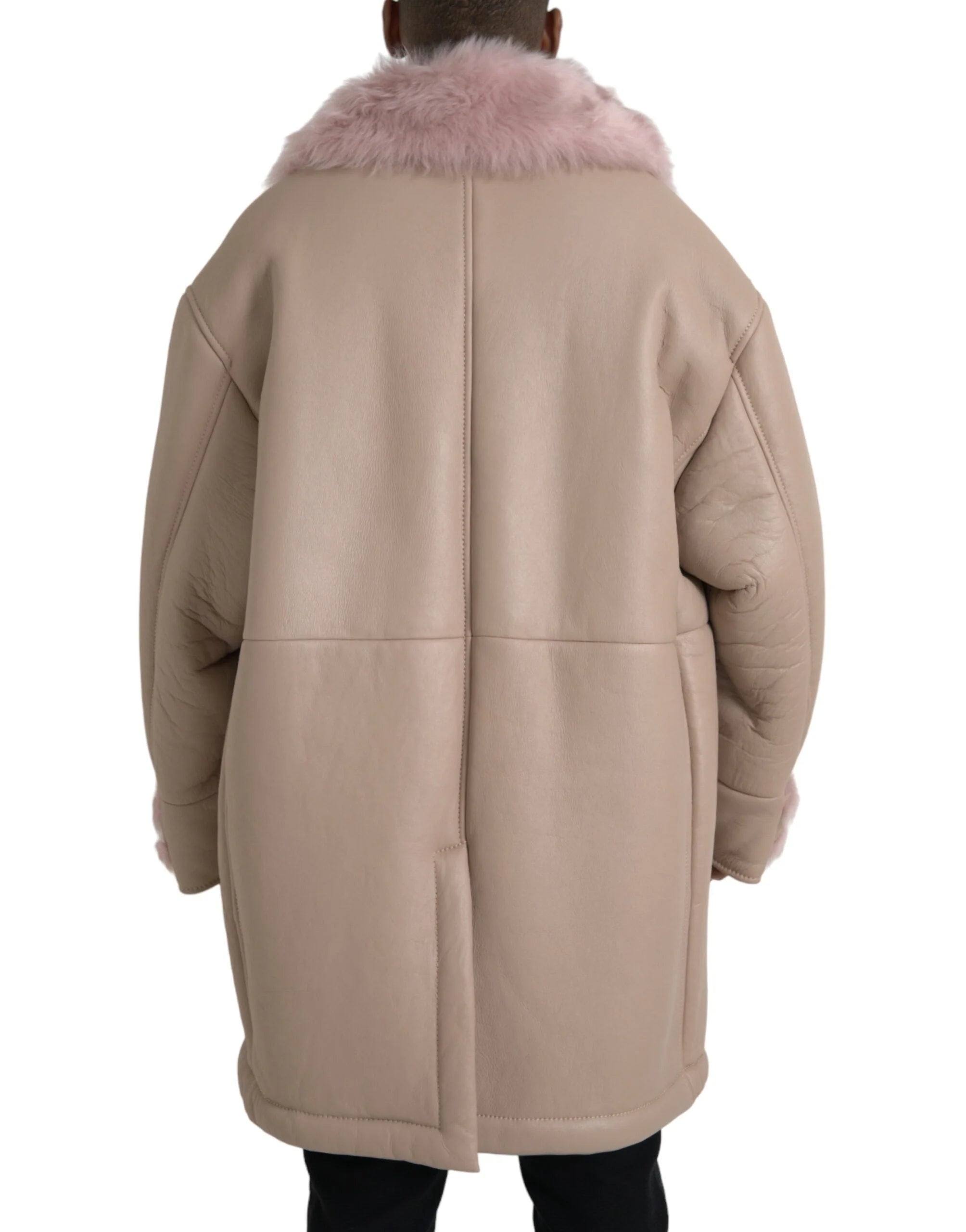 Dolce & Gabbana Beige Pink Lamb Leather Shearling Coat Jacket - IT52 | XL - Overcoats