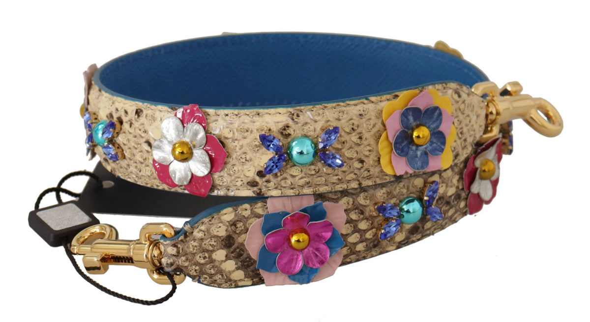Cureaua de umăr din piele de piton bej Dolce & Gabbana, cu aplicații complicate sub formă de crini și elemente hardware aurii.