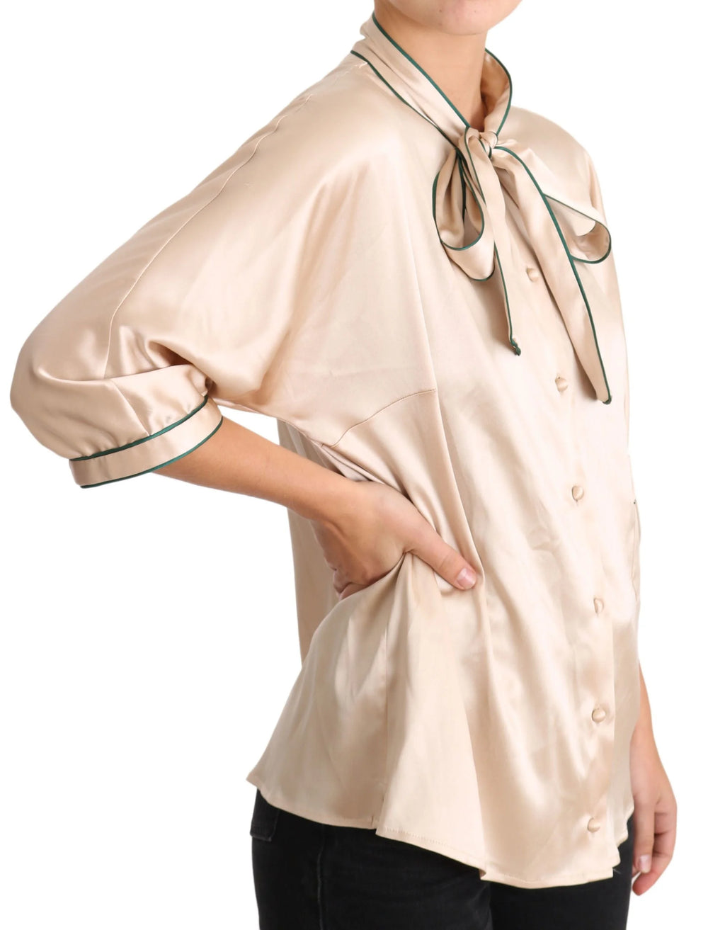Dolce & Gabbana Beige Ribbon Silk Stretch Top Blouse - IT48|XXL - Blouses
