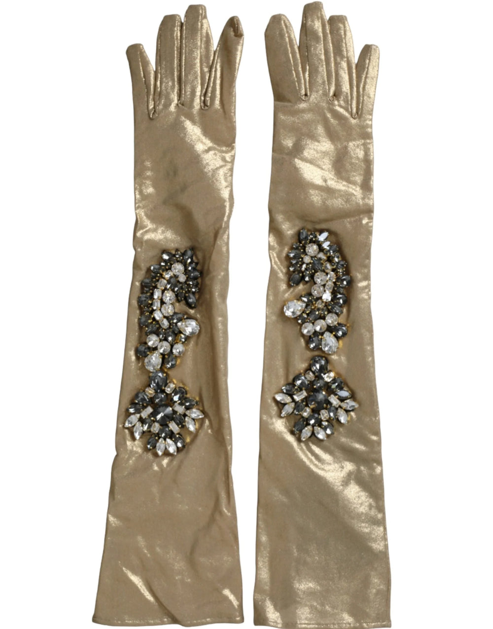 Dolce & Gabbana Beige Satin Crystal Elbow Length Gloves - 6.5|XS - Gloves & Mittens