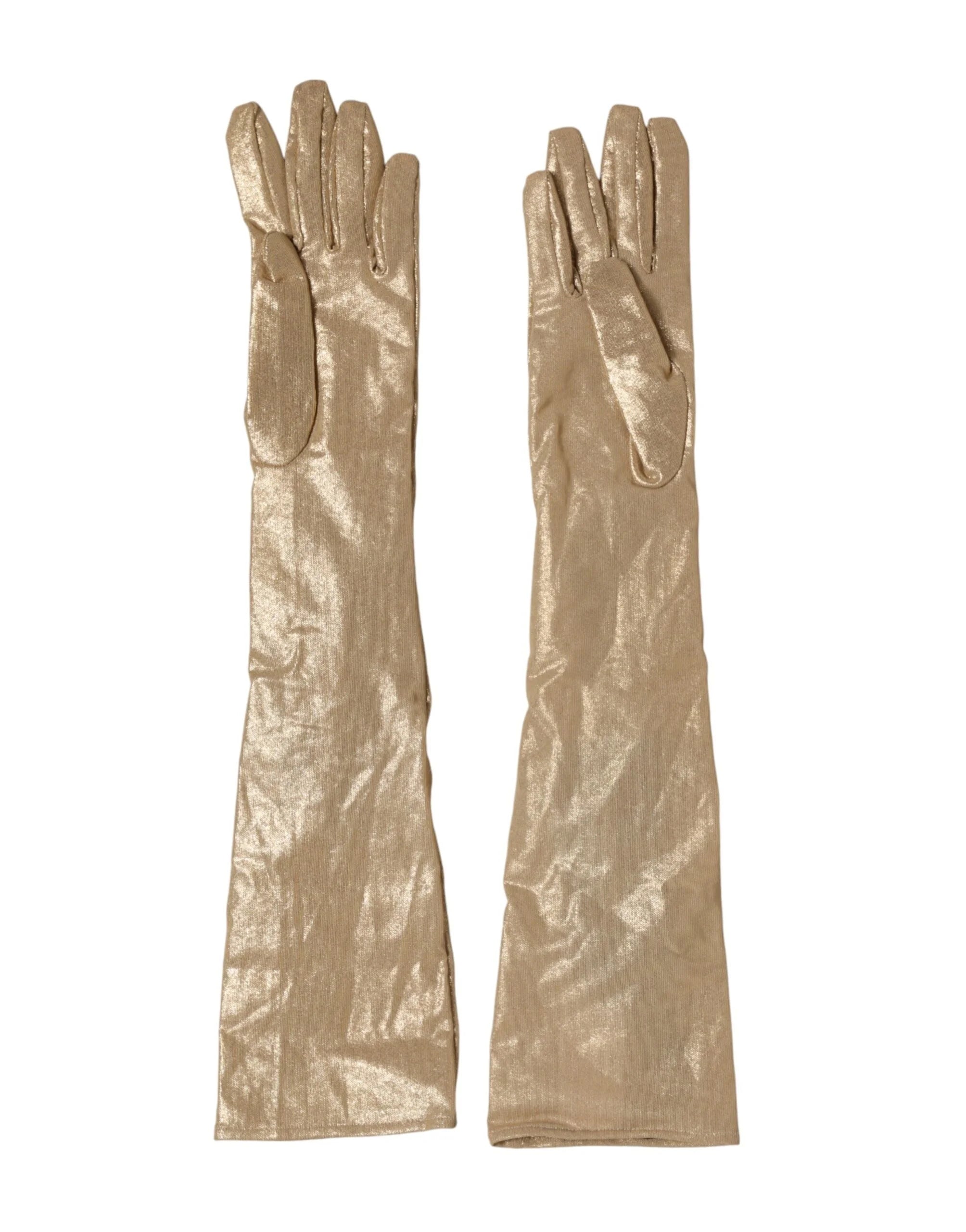 Dolce & Gabbana Beige Satin Crystal Elbow Length Mitten Gloves - 7|S