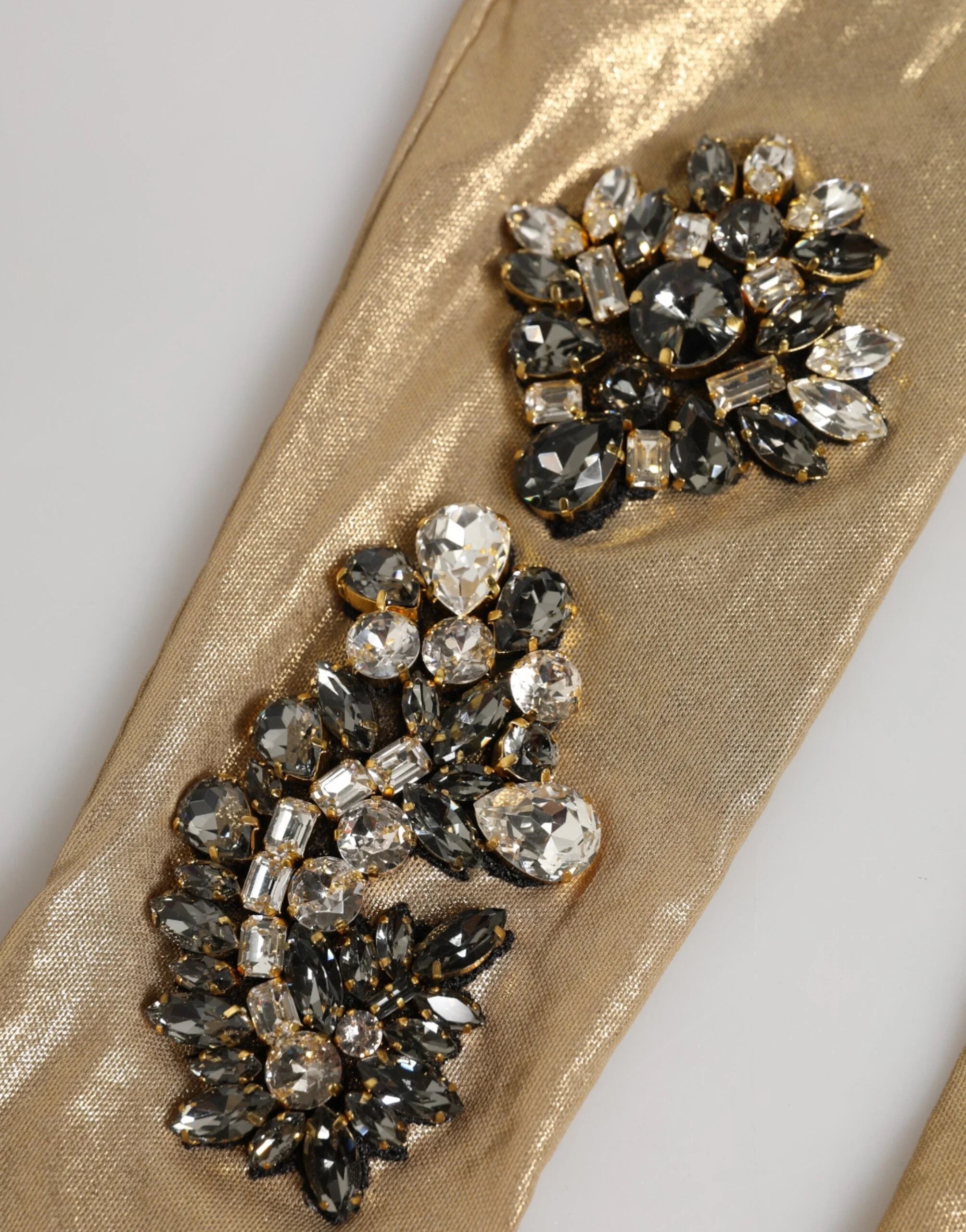 Dolce & Gabbana Beige Satin Crystal Elbow Length Mitten Gloves - 7|S