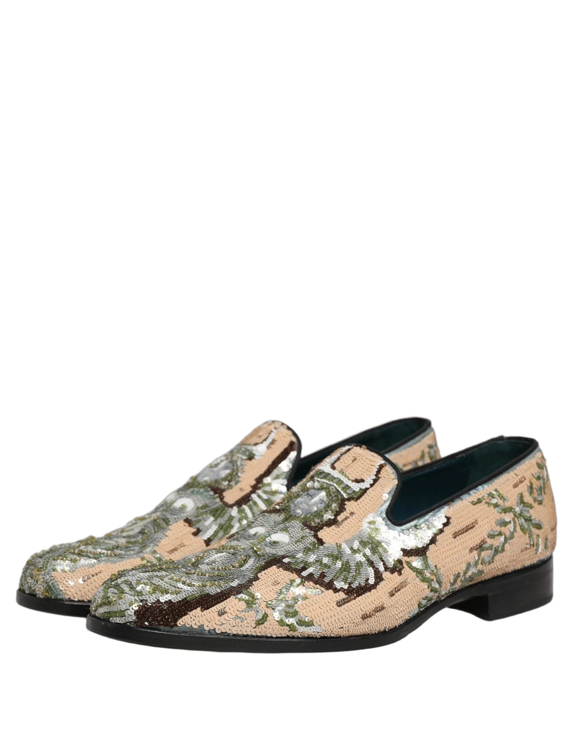 Dolce & Gabbana Beige Sequin Embroidery Dress Loafers Shoes - EU44/US11