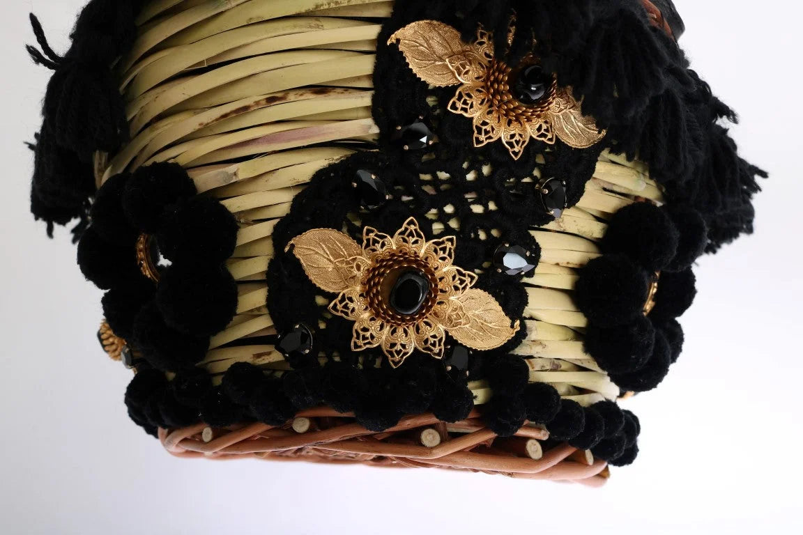 Dolce & Gabbana Beige Straw Snakeskin Pom Pom Crystal AGNESE Bag