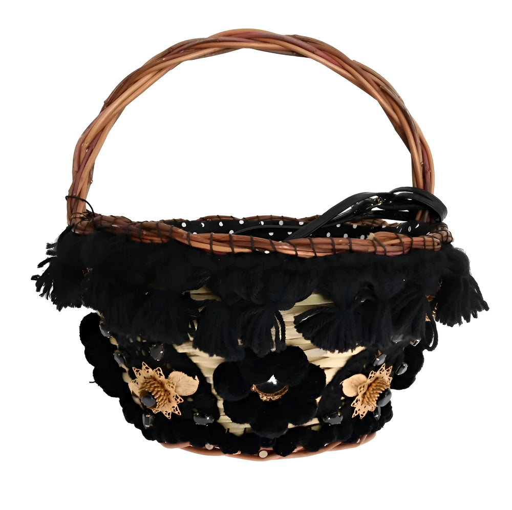 Dolce & Gabbana Beige Straw Snakeskin Pom Pom Crystal AGNESE Bag - Bucket Bags