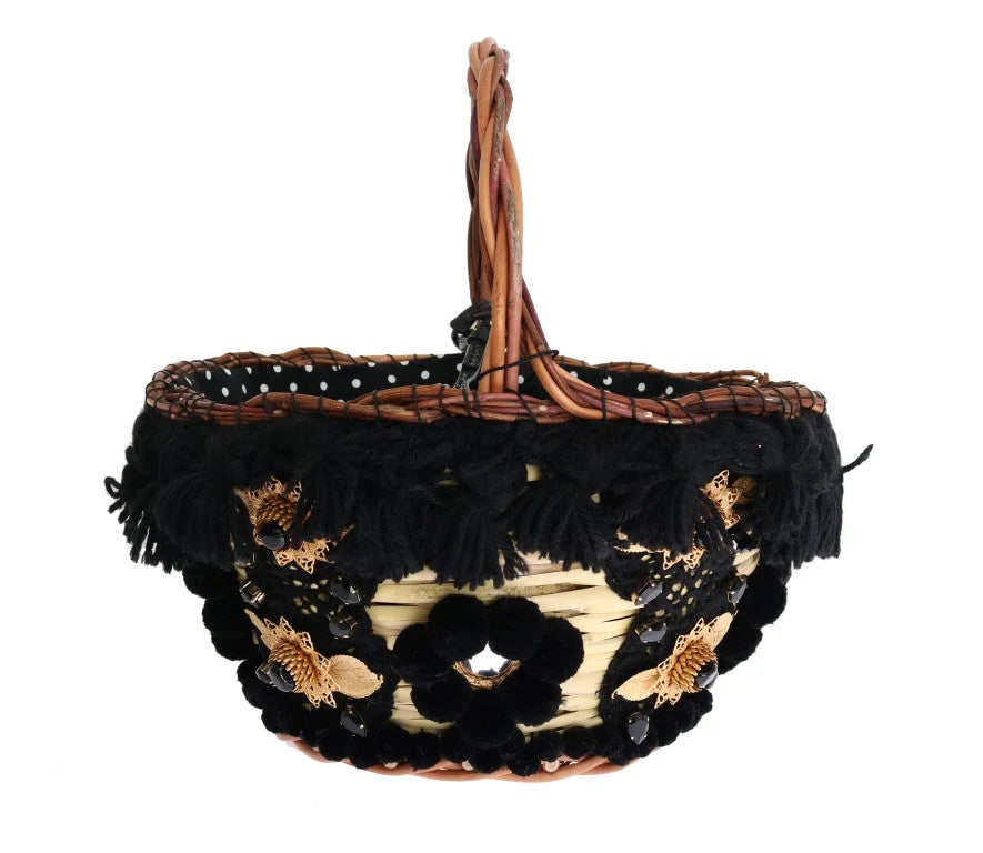 Dolce & Gabbana Beige Straw Snakeskin Pom Pom Crystal AGNESE Bag - Bucket Bags