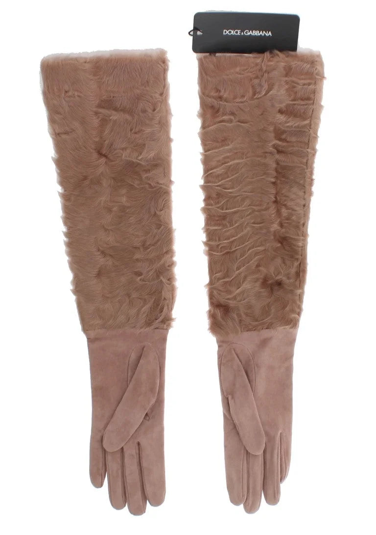 Dolce & Gabbana Beige Suede Xiangao Fur Elbow Gloves - 8|M