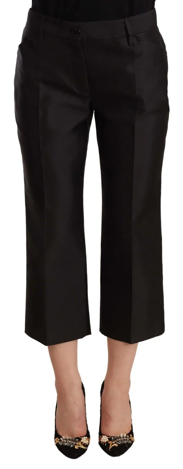 Dolce & Gabbana Black 100% Silk Flared Cropped Pants - IT42|M - Trousers