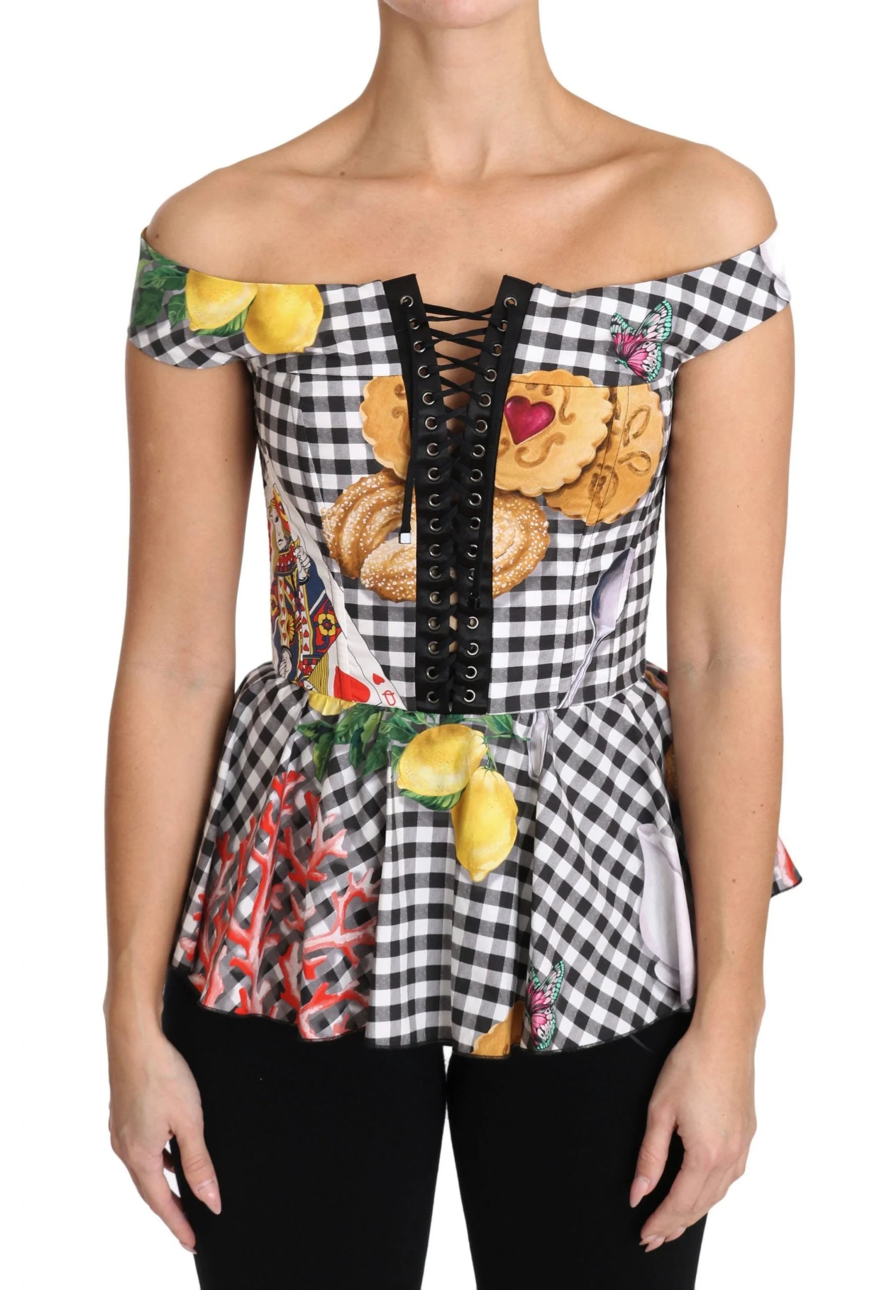 Dolce & Gabbana Black and White Corset Blouse Sicily Lemon Check Top - IT36|XXS - Blouses