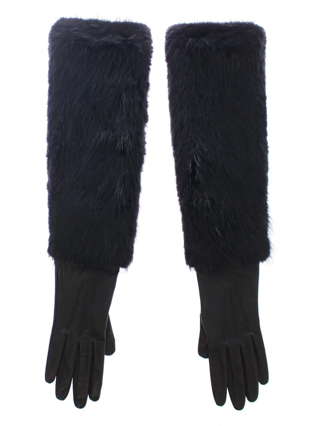 Dolce & Gabbana Black Beaver Fur Lambskin Leather Elbow Gloves - Gloves & Mittens