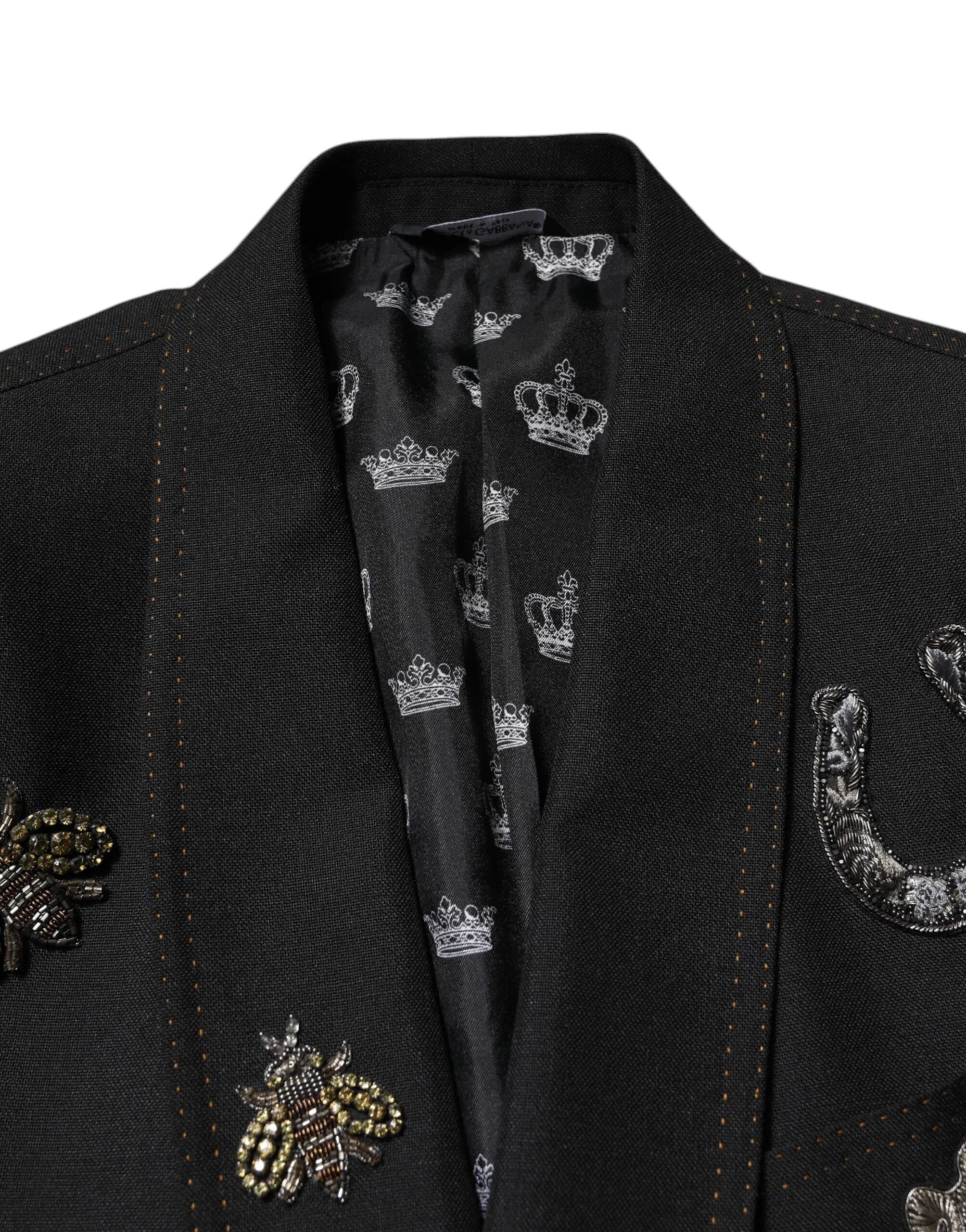 Dolce & Gabbana Black Bee Crown Embellished Suit Coat Blazer - Sport Jackets