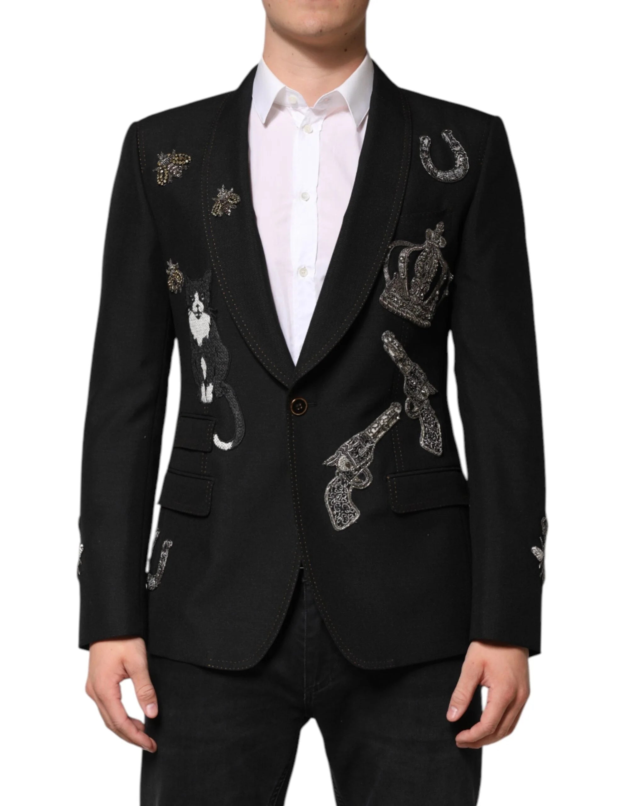 Dolce & Gabbana Black Bee Crown Embellished Suit Coat Blazer - Sport Jackets