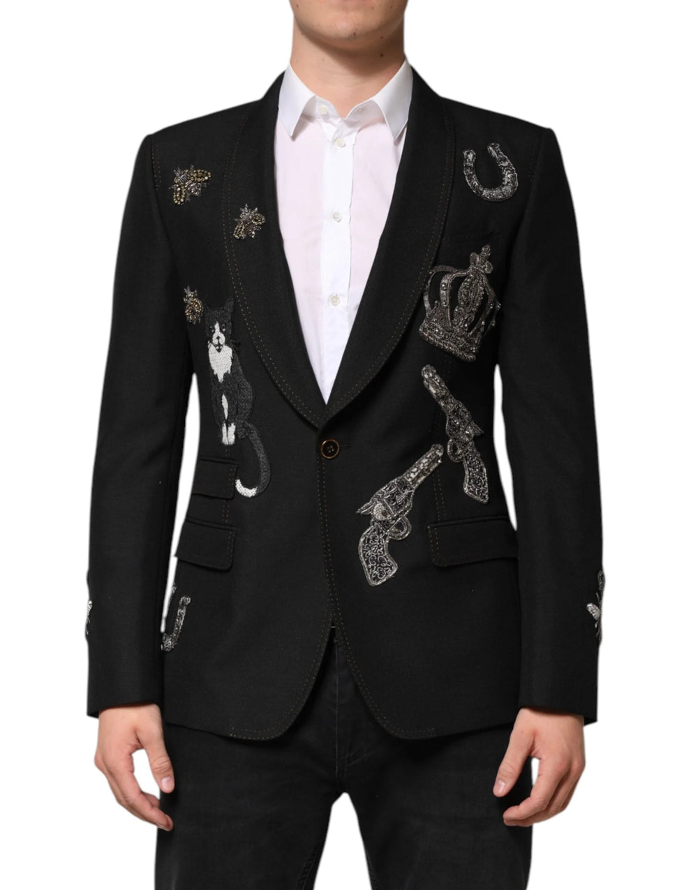 Dolce & Gabbana Black Bee Crown Embellished Suit Coat Blazer - Sport Jackets