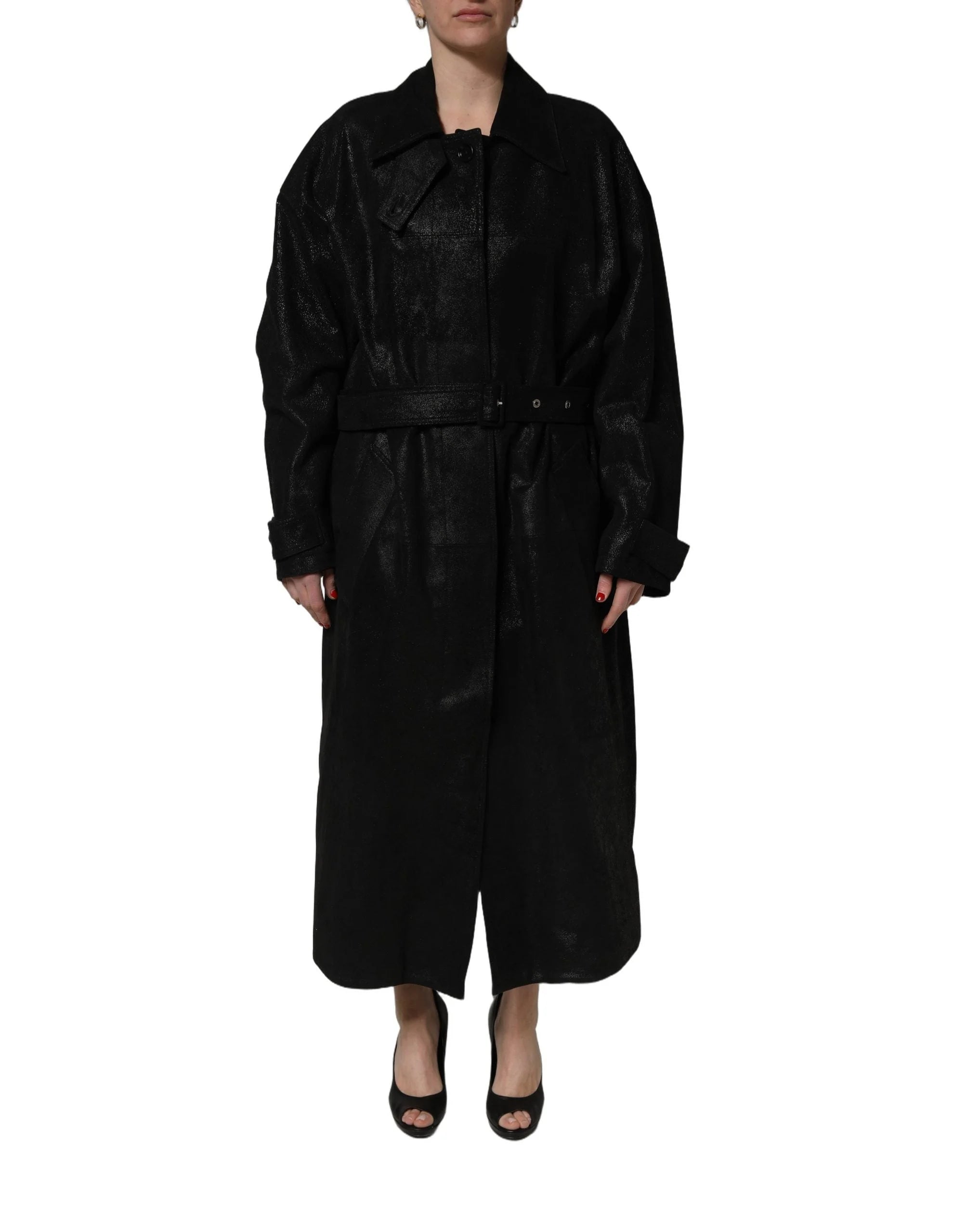 Dolce & Gabbana Black Belted Sheepskin Trench Coat Jacket - IT40|S