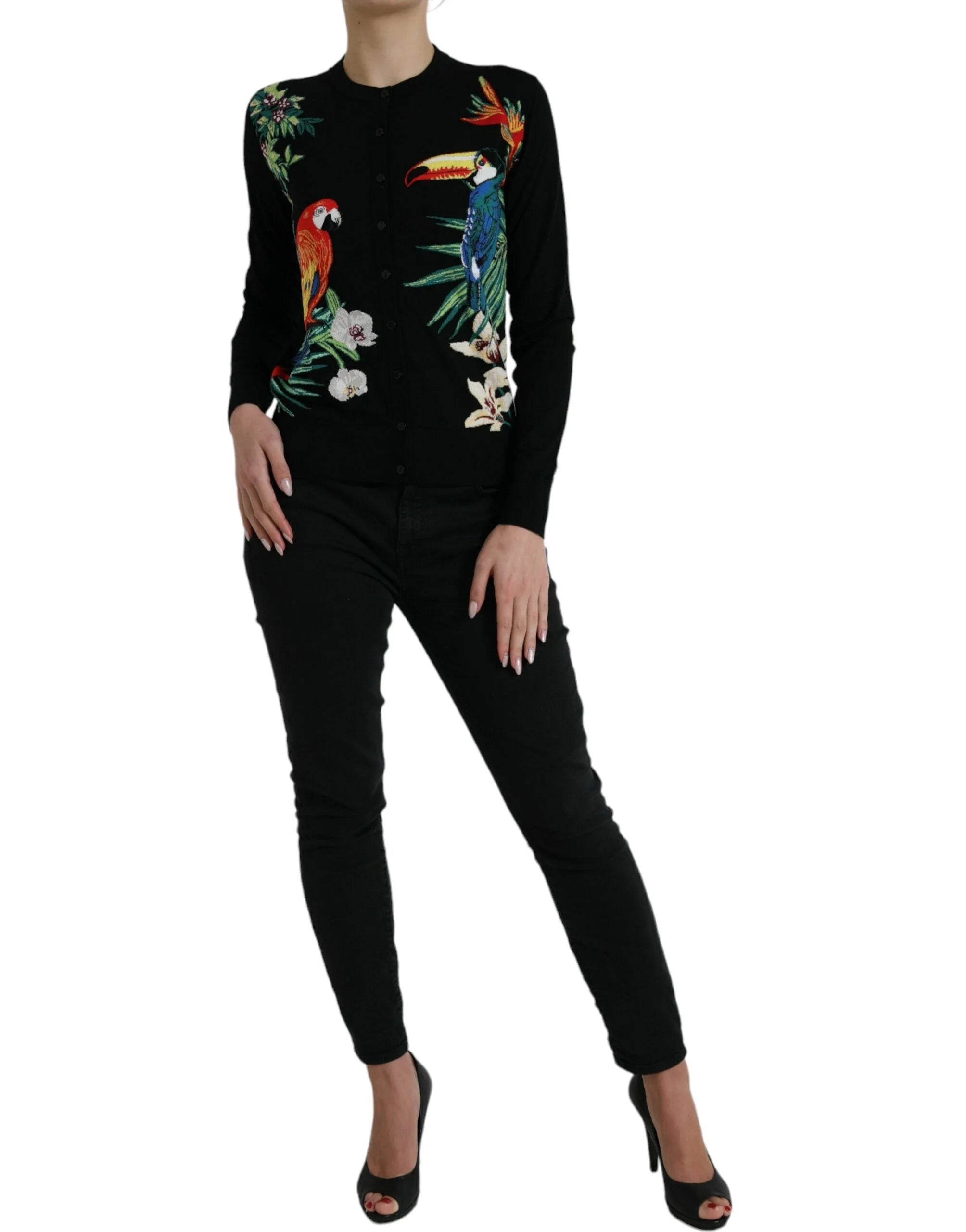 Dolce & Gabbana Black Bird Wool Long Sleeve Cardigan Sweater - Cardigans