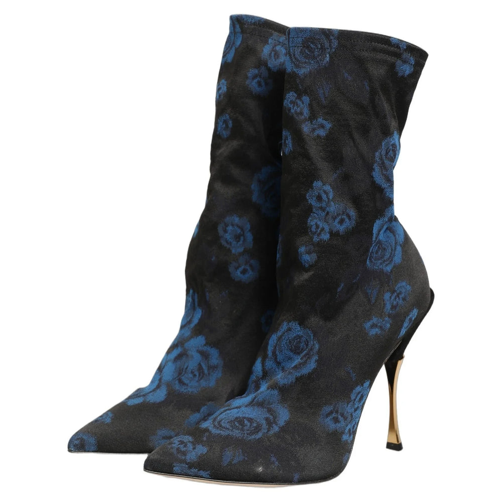 Dolce & Gabbana Black Blue Floral Stretch Sock Boots Shoes - EU41/US10.5