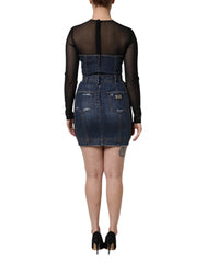 Dolce & Gabbana Black Blue Long Sleeves Denim Mini Dress - Dresses