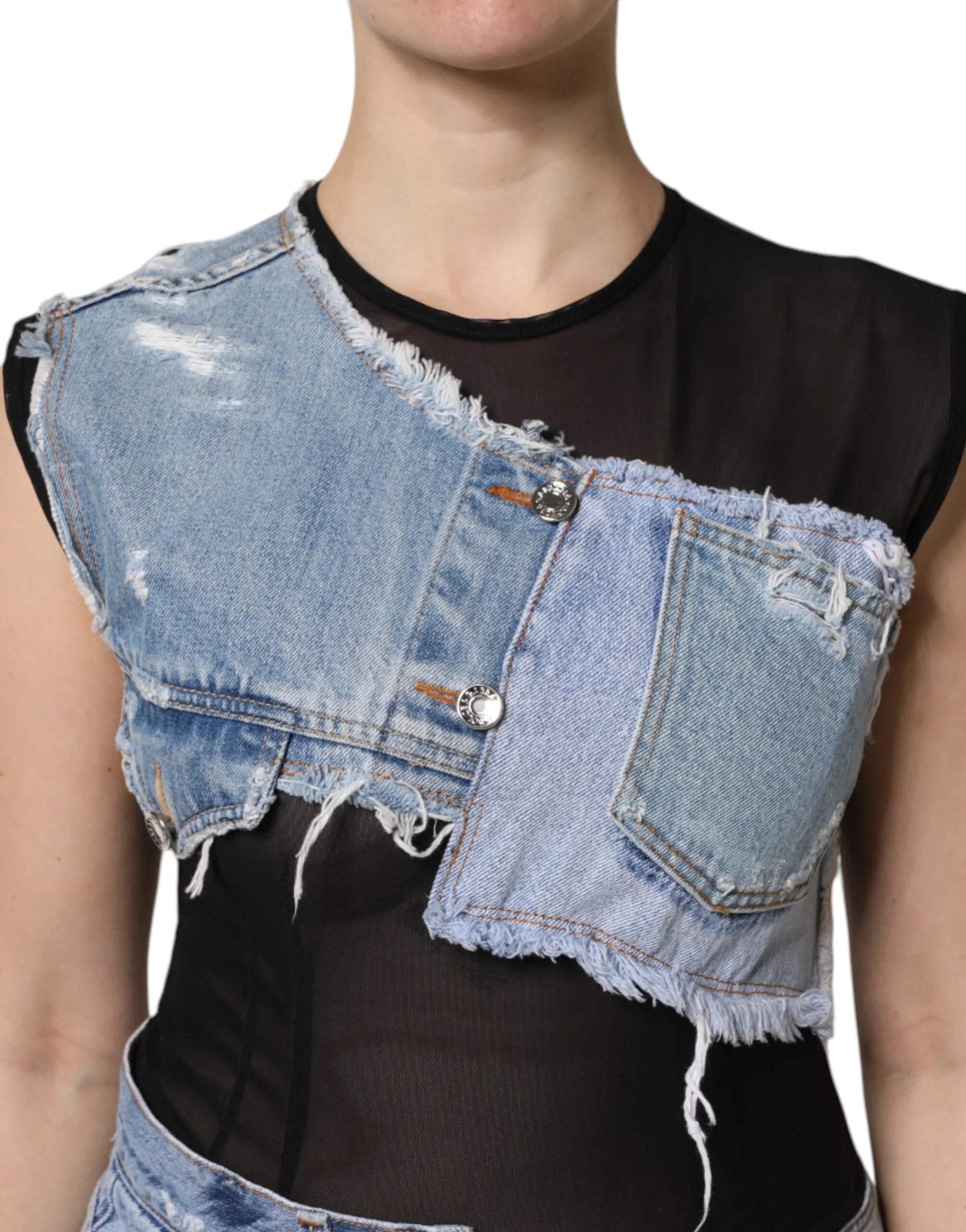 Dolce & Gabbana Black Blue Sleeveless Denim Mini Dress - IT40|S