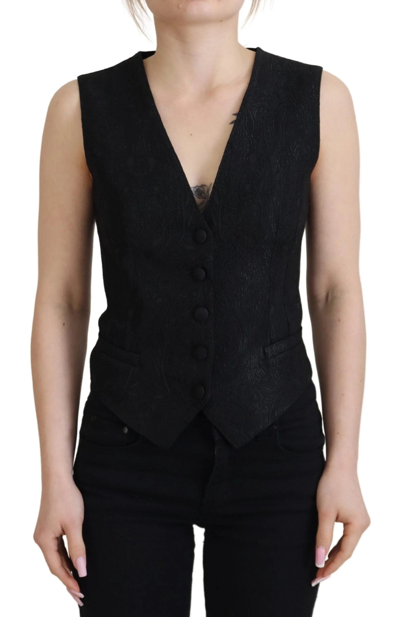 Dolce & Gabbana Black Brocade Button Down Sleeveless Vest Top - IT40|S