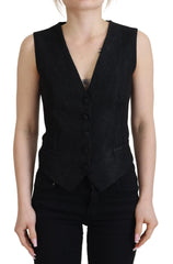 Dolce & Gabbana Black Brocade Button Down Sleeveless Vest Top - IT40|S