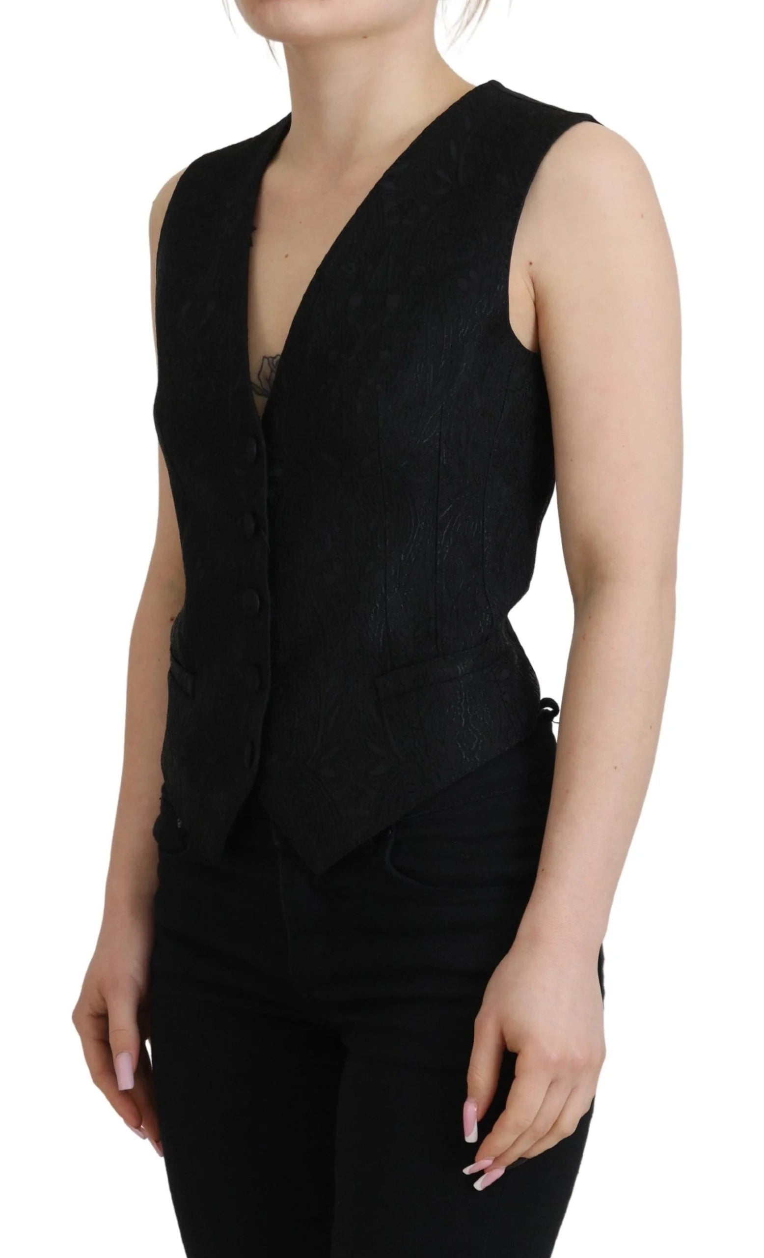 Dolce & Gabbana Black Brocade Button Down Sleeveless Vest Top - IT40|S