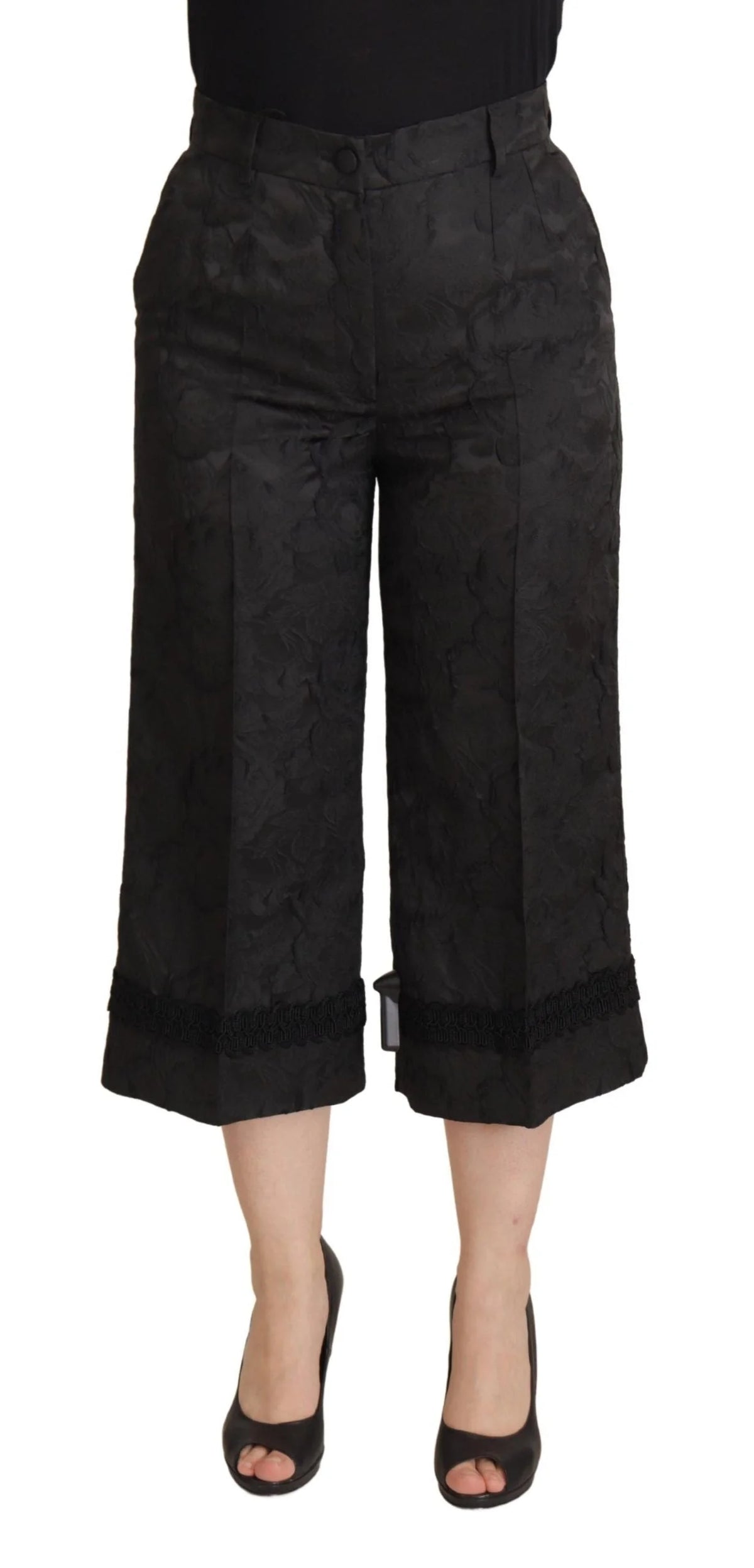 Dolce & Gabbana Black Brocade Cropped High Waist Pants - Trousers