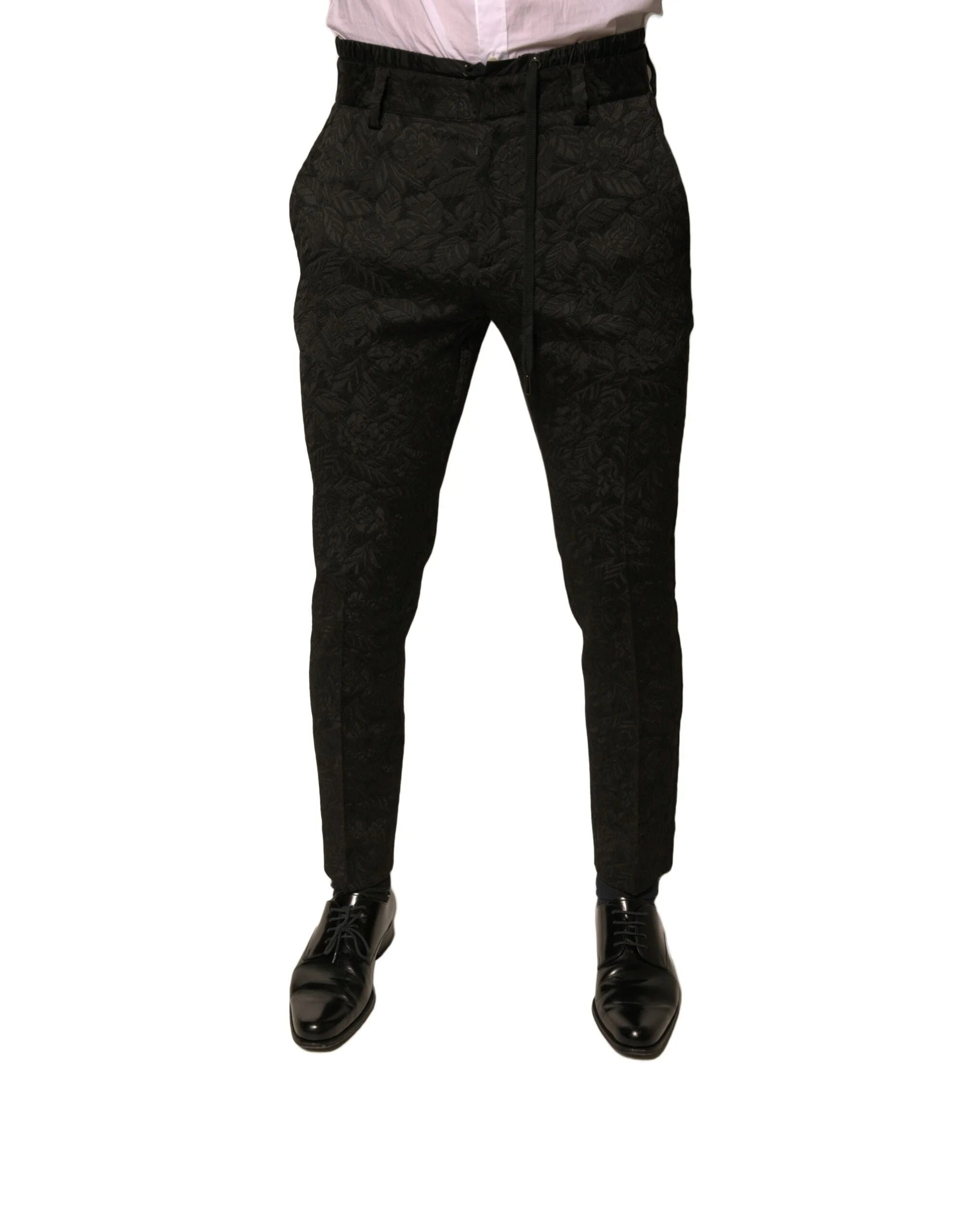Dolce & Gabbana Black Brocade Polyester Skinny Men Dress Pants - Trousers