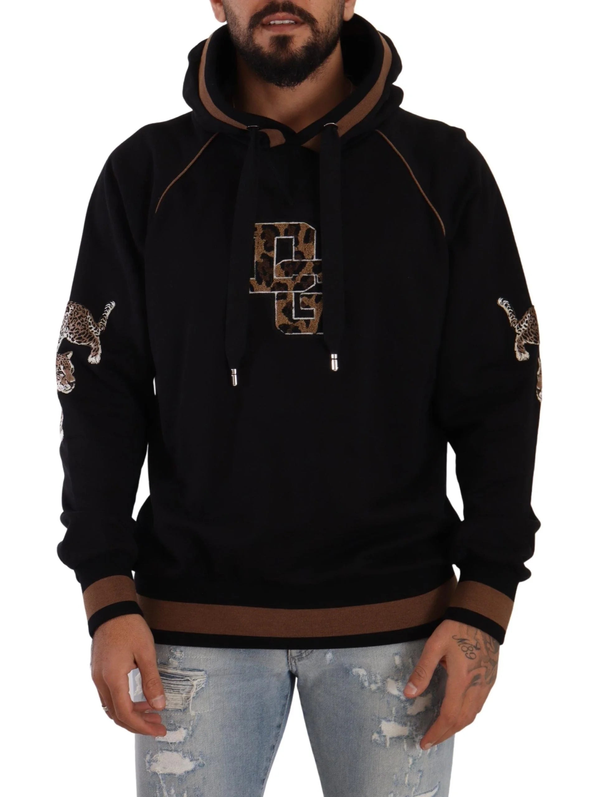 Dolce & Gabbana Black Brown Leopard Cotton Hooded Pullover Sweater - IT52 | L - Hoodies
