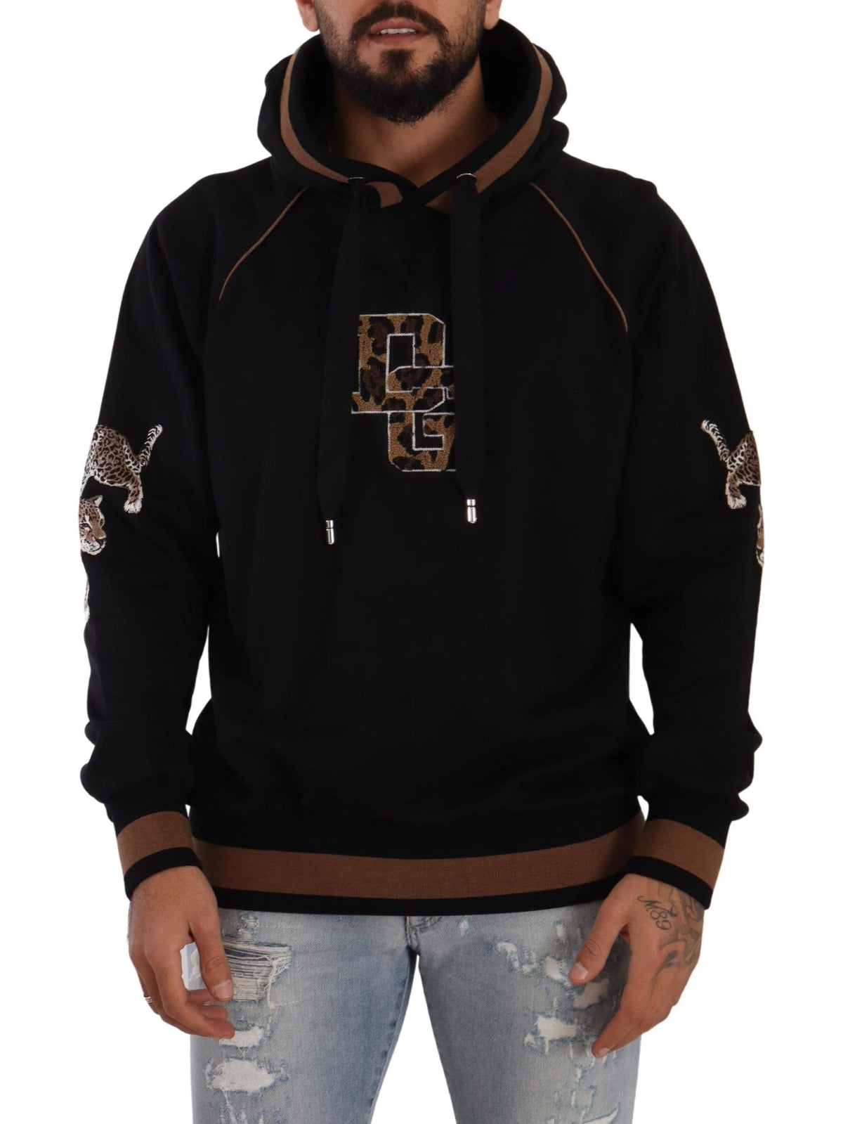 Dolce & Gabbana Black Brown Leopard Cotton Hooded Pullover Sweater - IT52 | L - Hoodies