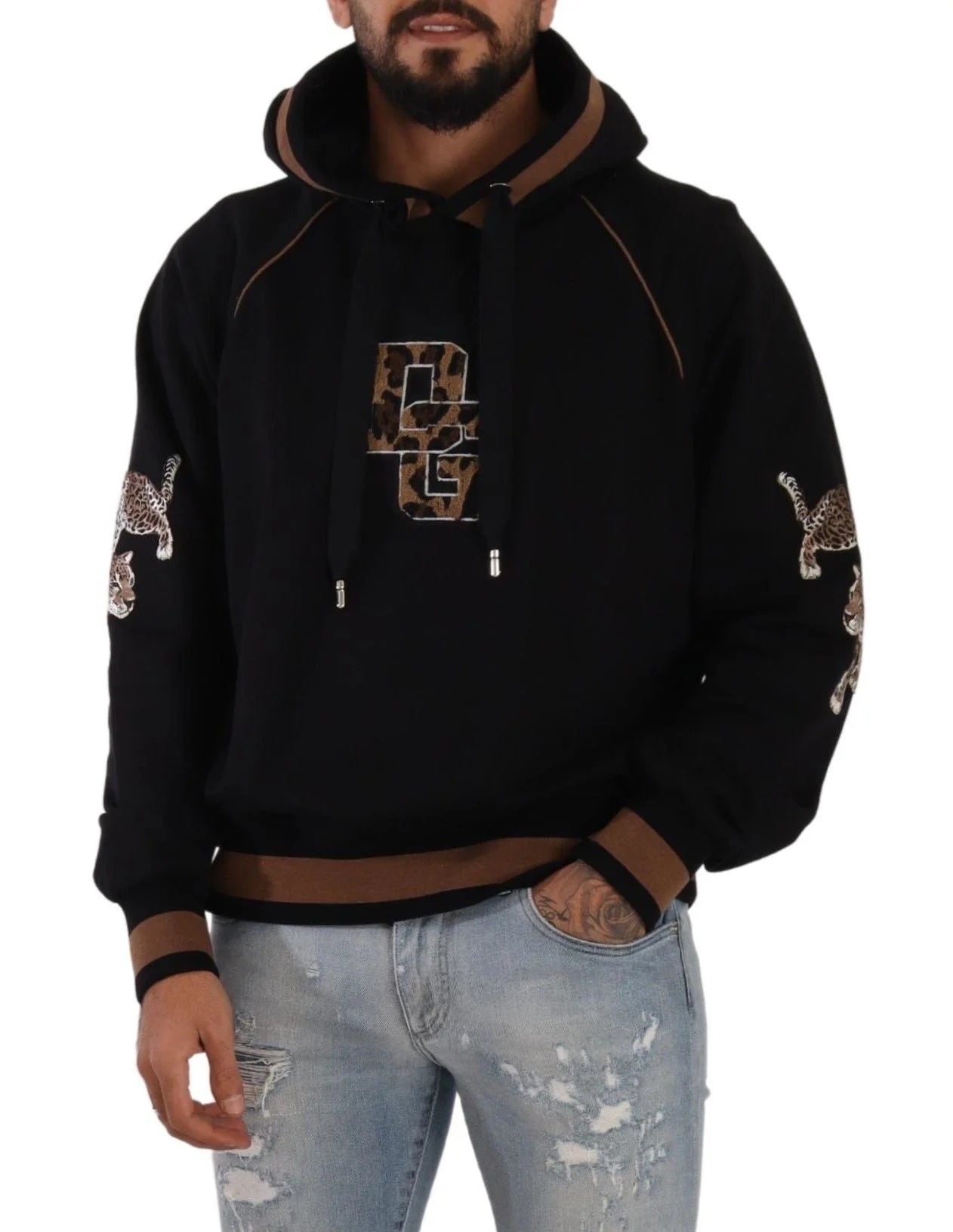 Dolce & Gabbana Black Brown Leopard Cotton Hooded Pullover Sweater - IT52 | L - Hoodies