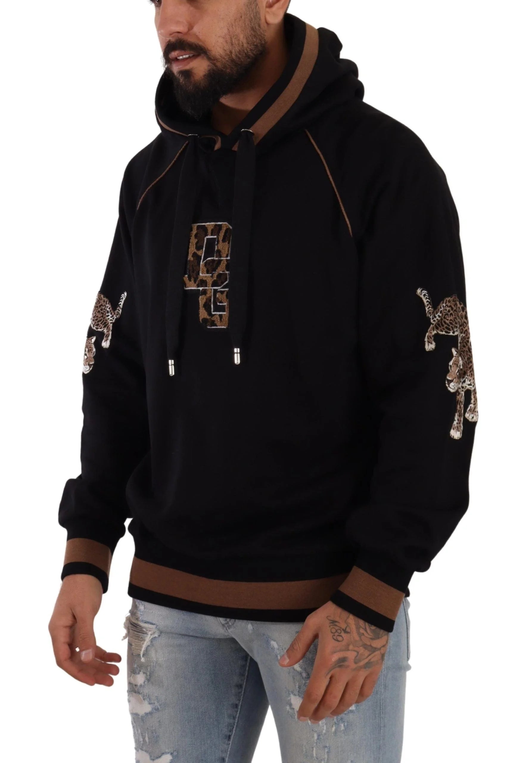 Dolce & Gabbana Black Brown Leopard Cotton Hooded Pullover Sweater - IT52 | L - Hoodies