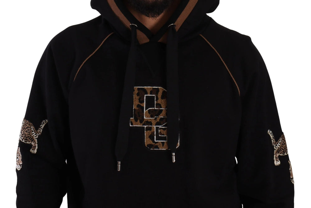 Dolce & Gabbana Black Brown Leopard Cotton Hooded Pullover Sweater - IT52 | L - Hoodies