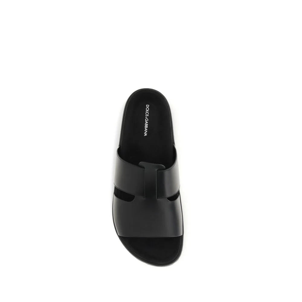 Dolce & Gabbana Black Calf Leather Bos Taurus Flat Sandals - EU40/US7