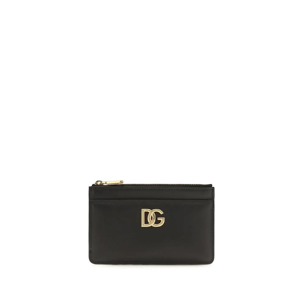 Portefeuille Dolce & Gabbana en cuir de veau noir Bos Taurus avec profil avant épuré et quincaillerie logo ton argent.