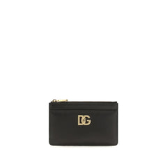 Portefeuille Dolce & Gabbana en cuir de veau noir Bos Taurus avec profil avant épuré et quincaillerie logo ton argent.