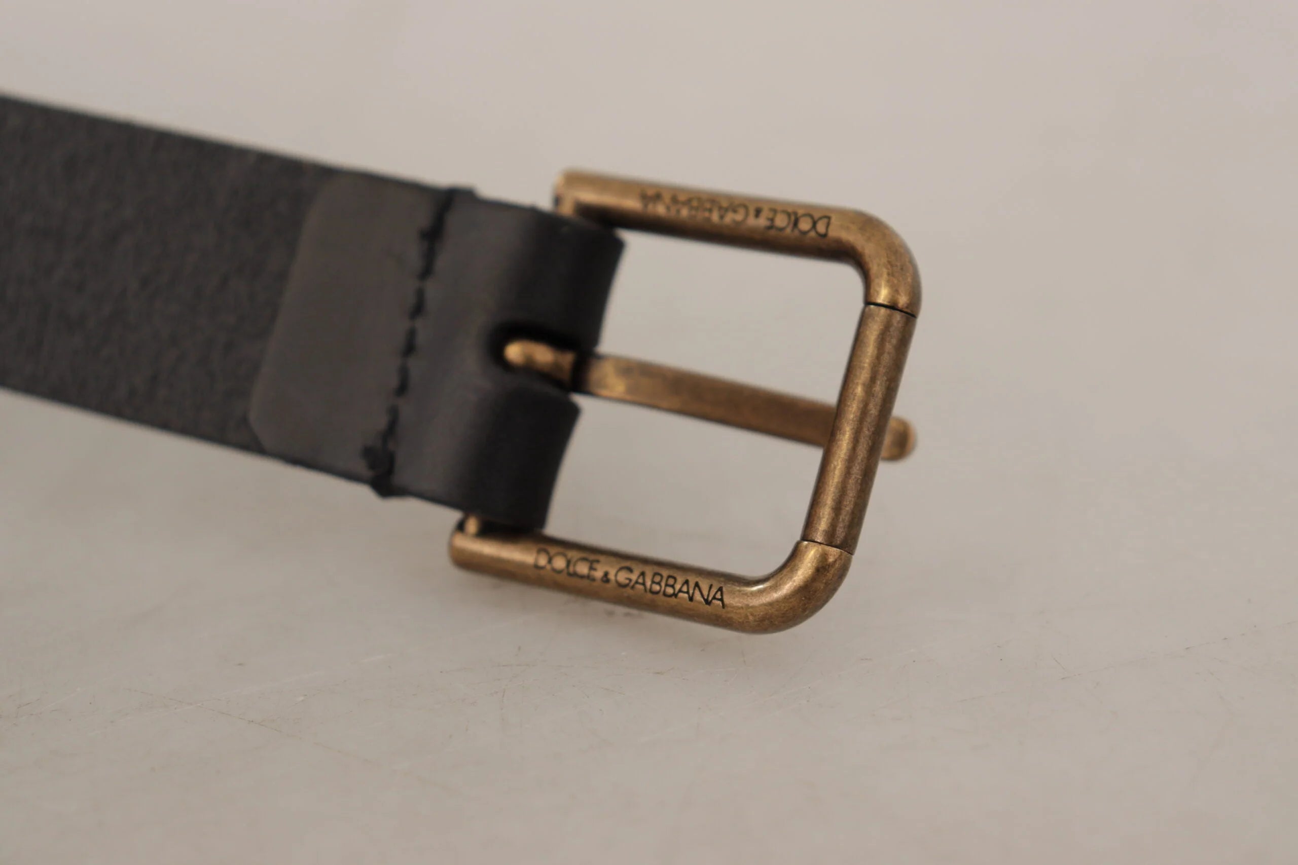 Dolce & Gabbana Black Calf Leather Brass Logo Engraved Buckle Belt - 90 cm / 36 Inches - Belts