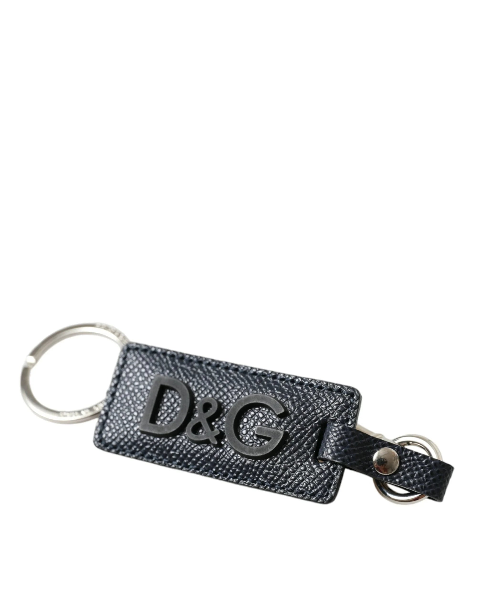 Dolce & Gabbana Black Calf Leather DG Logo Silver Brass Keyring Keychain - Keychains