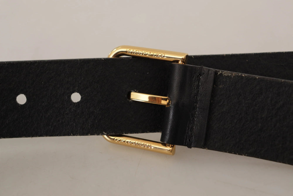 Dolce & Gabbana Black Calf Leather Gold Tone Logo Metal Buckle Belt - 85 cm / 34 Inches