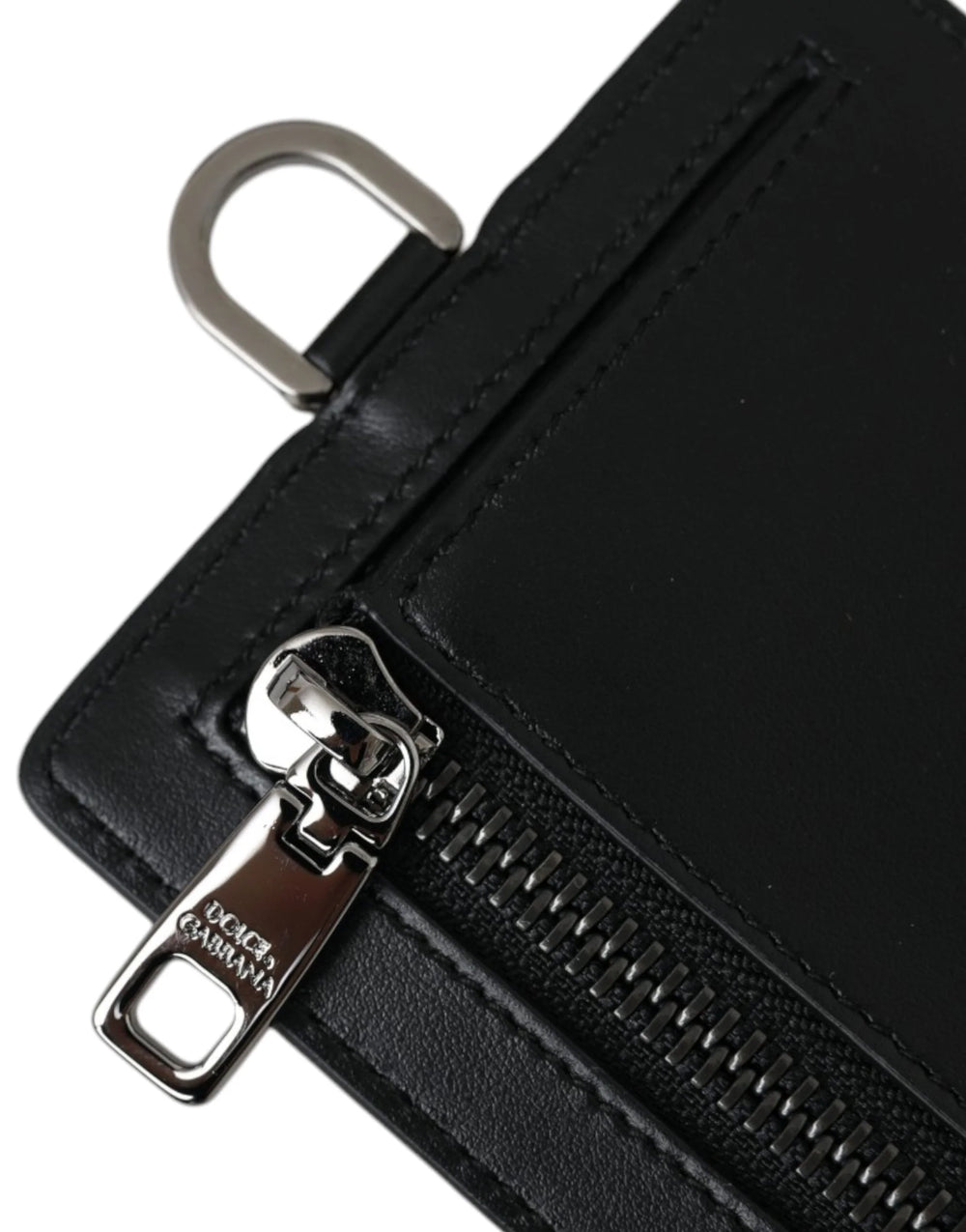 Dolce & Gabbana Black Calf Leather Lanyard Logo Card Holder Men Wallet - Neck Pouches
